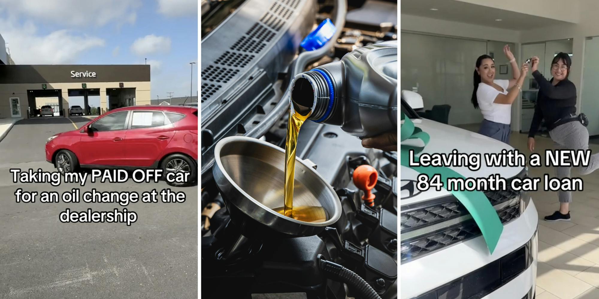 Car pulling into dealership(l), Oil change(c), Woman excitedly passing keys(r)