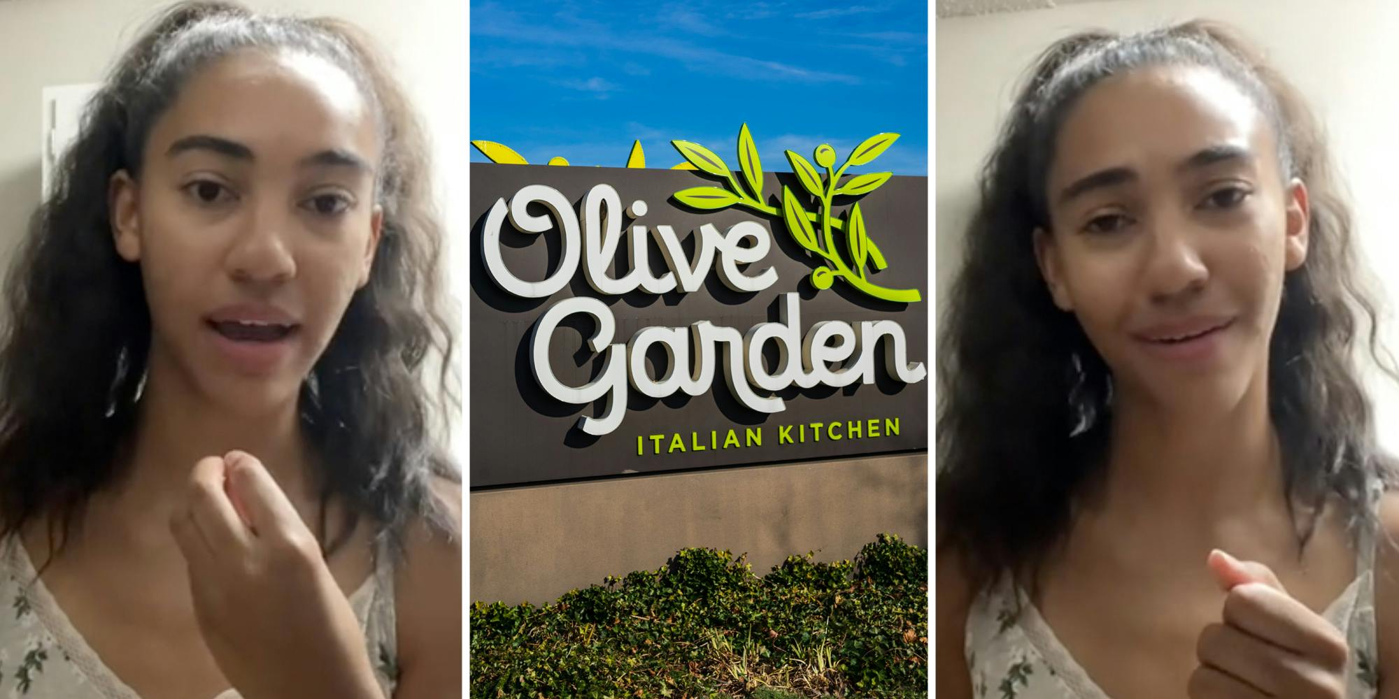 Woman talking(l+r), Olive Garden sign(c)