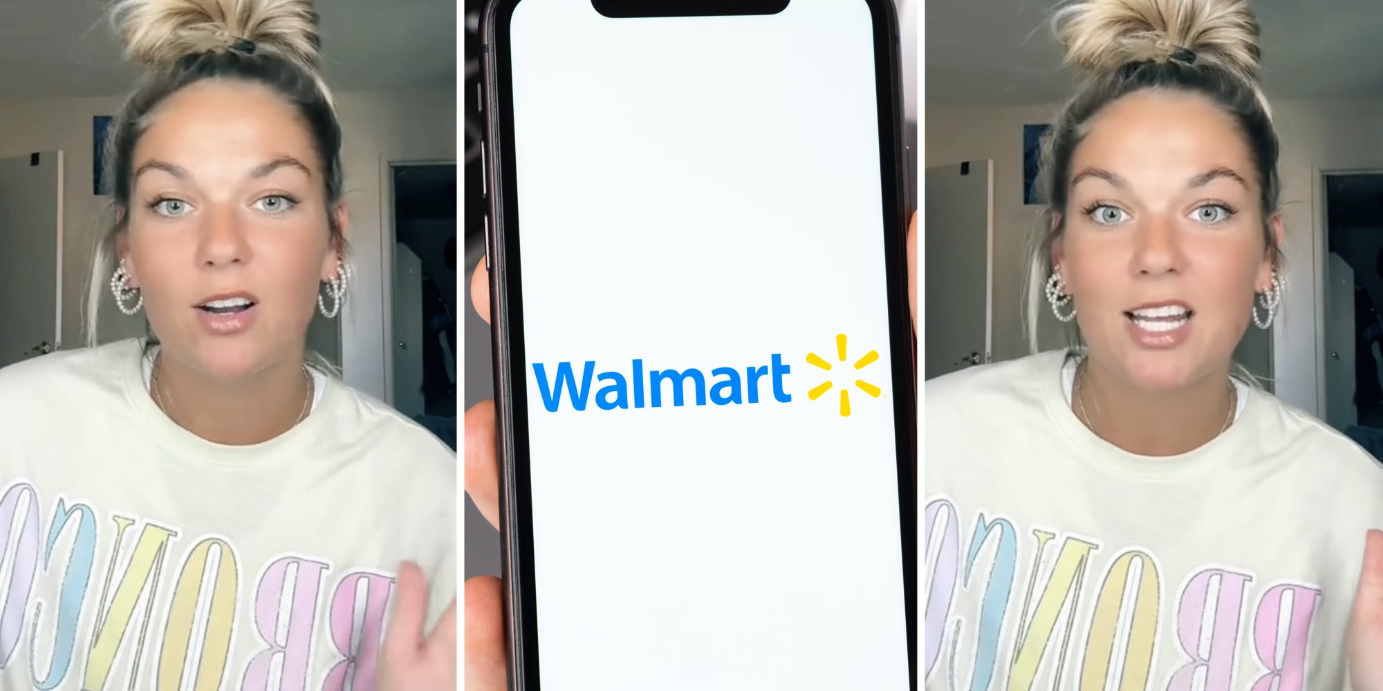 Woman talking(l+r), Hand holding phone with Walmart App(c)