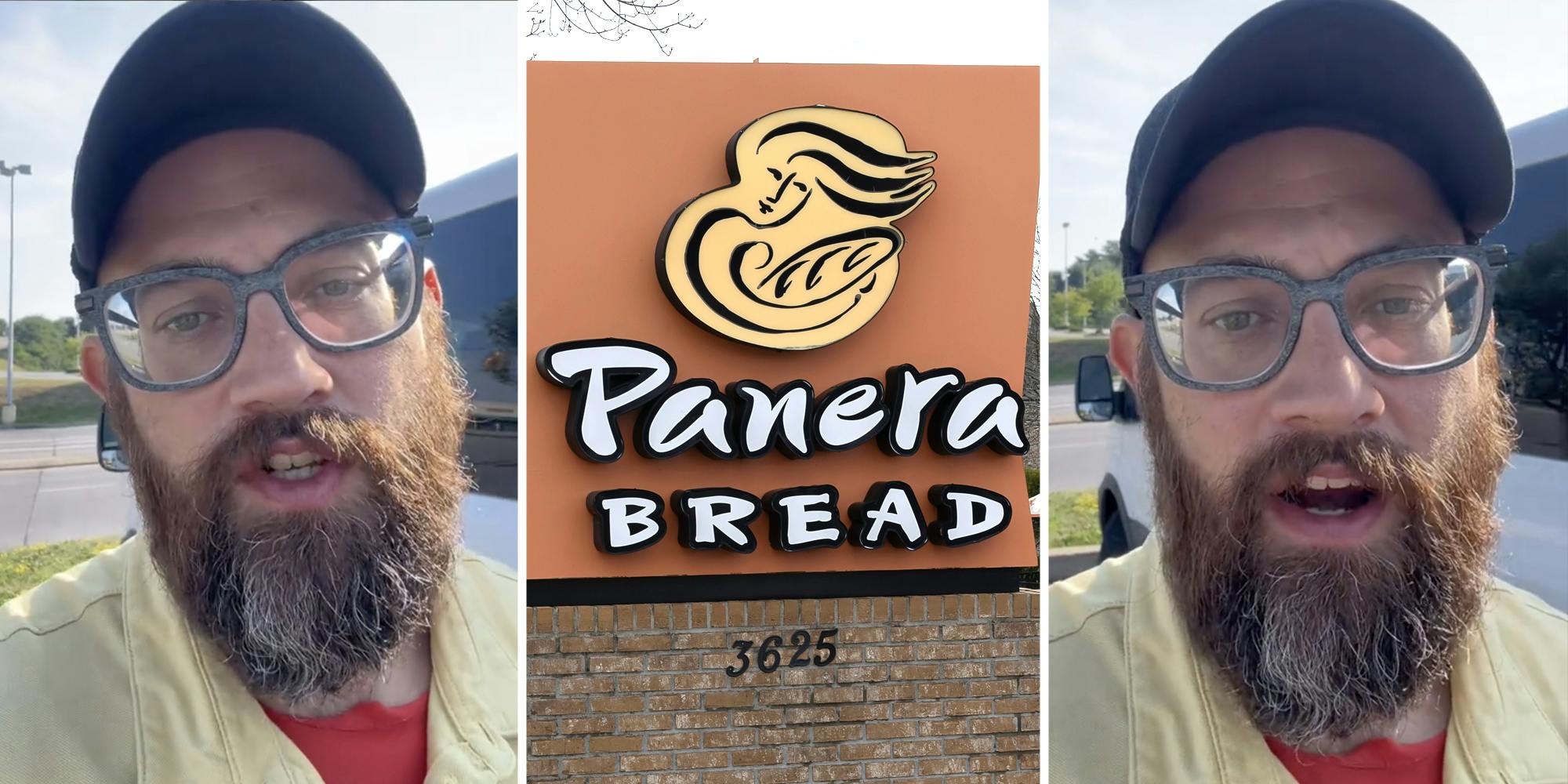 Man talking(l+r), Panera Bread sign(c)