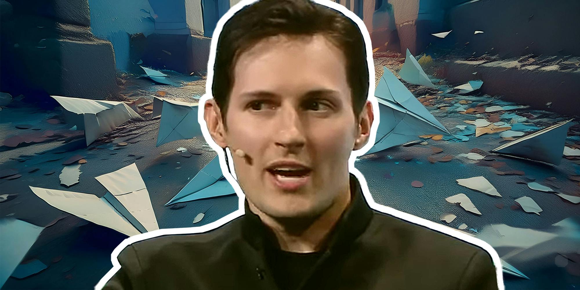 Pavel Durov in front of paper planes on ground