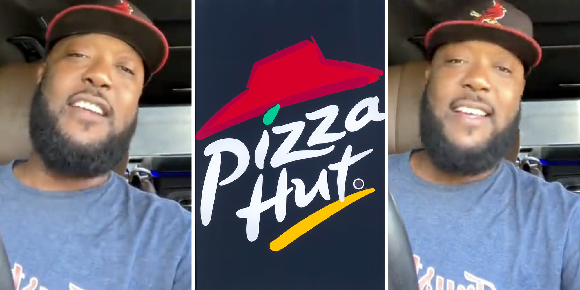 Man talking(l+r), Pizza Hut sign(c)