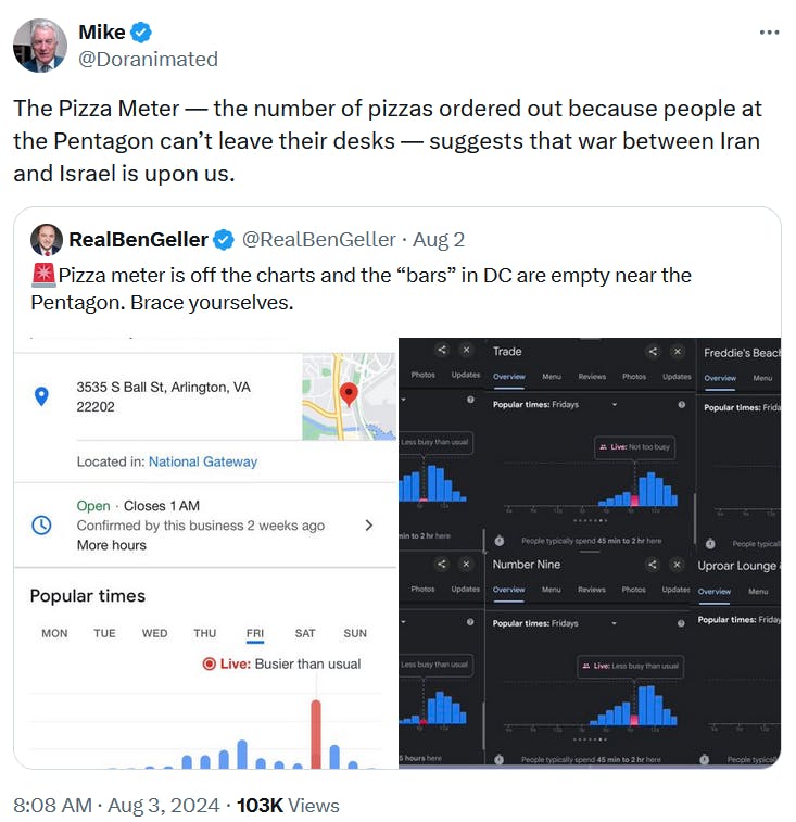 Pizza meter theory tweet predicting war between Iran and Israel.