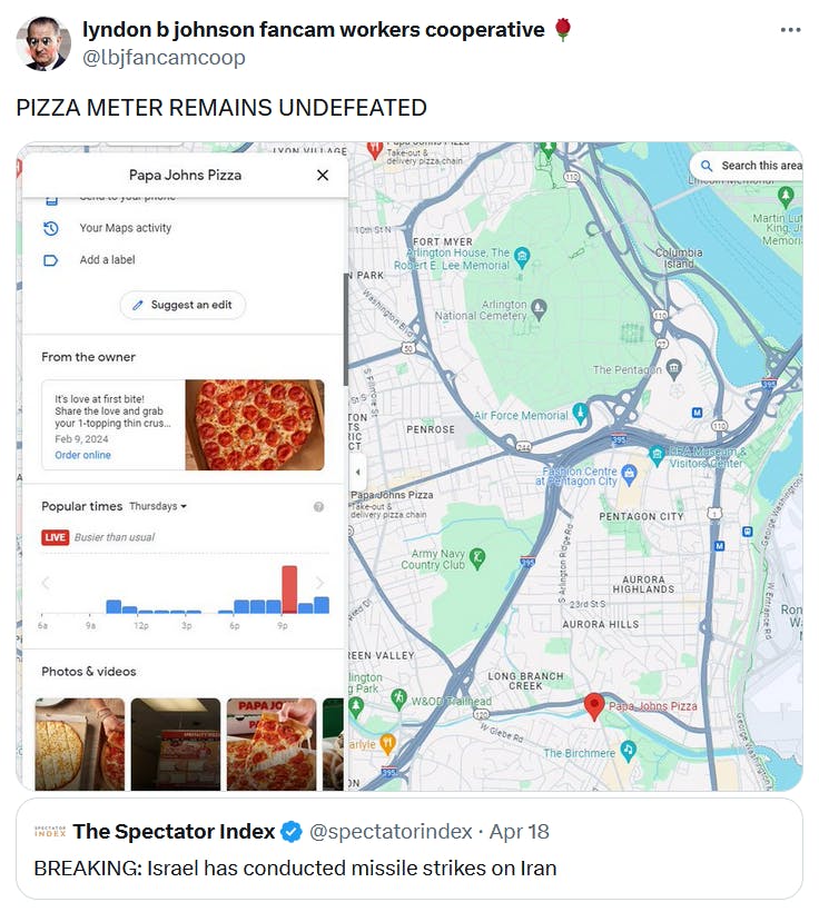 Pizza meter theory tweet over news that Israel attacked Iran.