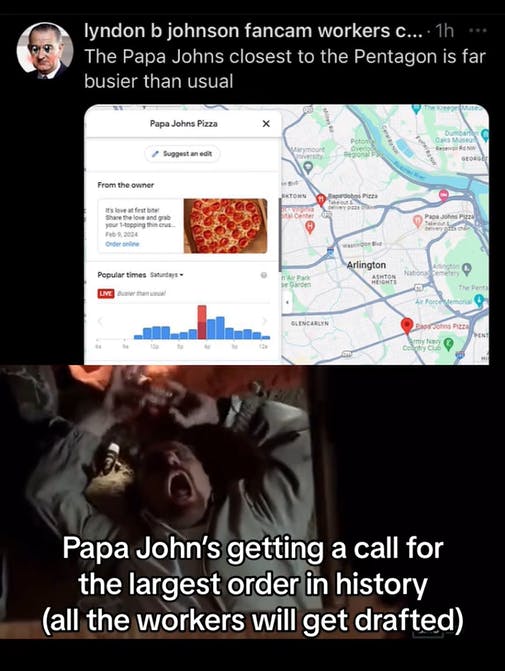 TikTok video with Walter White screaming under a Google screenshot showing high Papa John's activity.