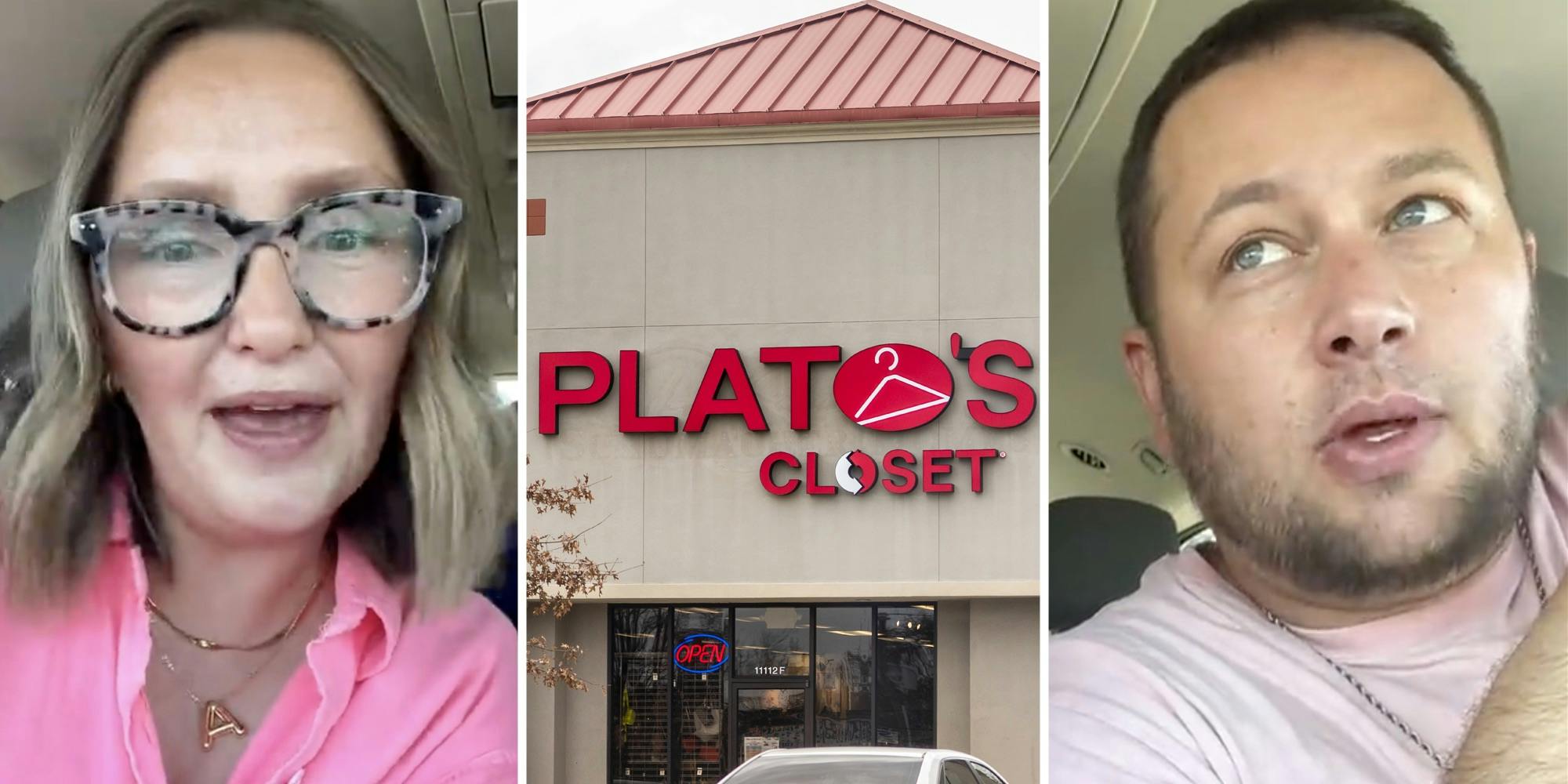 Woman talking(l), Plato's closet storefront(c), Man talking(r)