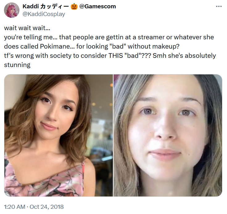 Pokimane no makeup tweet with photo comparisons saying she looks stunning bare-faced.