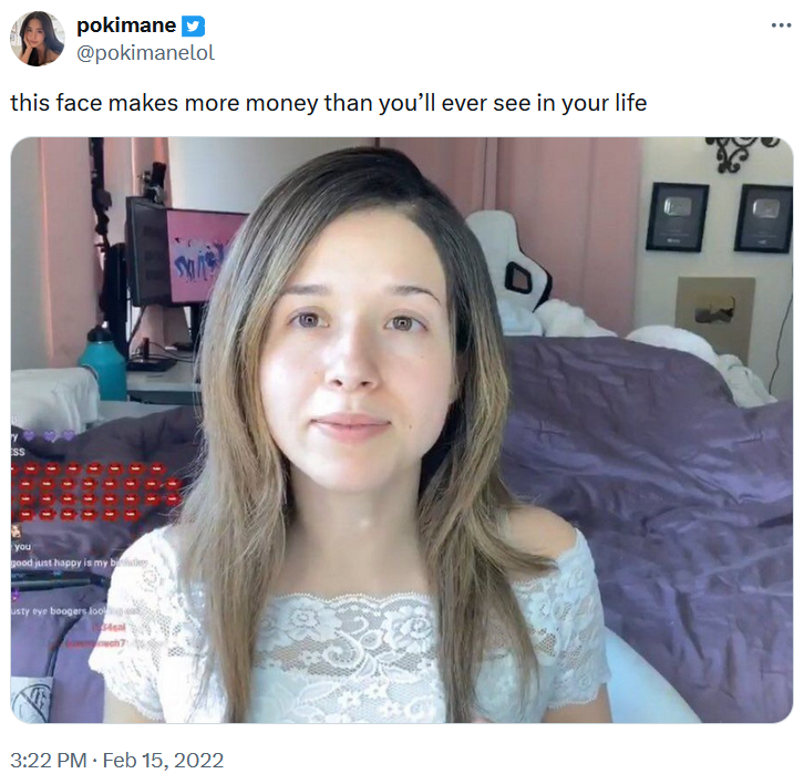 Pokimane no makeup tweet reading 'this face makes more money than you’ll ever see in your life.'