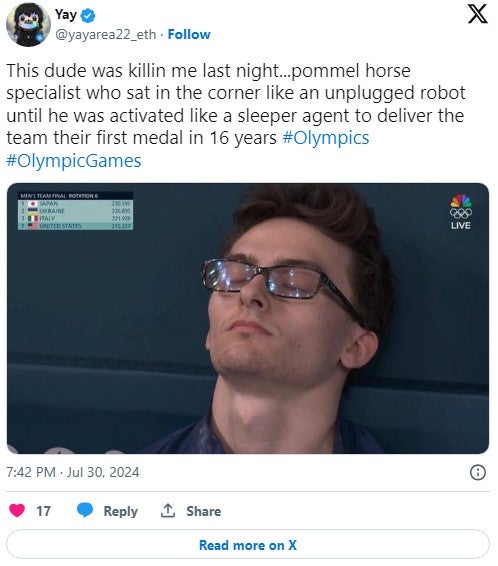 sleeping pommel horse guy in tweet that reads 'This dude was killin me last night...pommel horse specialist who sat in the corner like an unplugged robot until he was activated like a sleeper agent to deliver the team their first medal in 16 years #Olympics #OlympicGames'