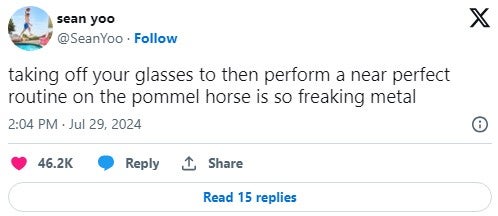 tweet that reads 'taking off your glasses to then perform a near perfect routine on the pommel horse is so freaking metal'