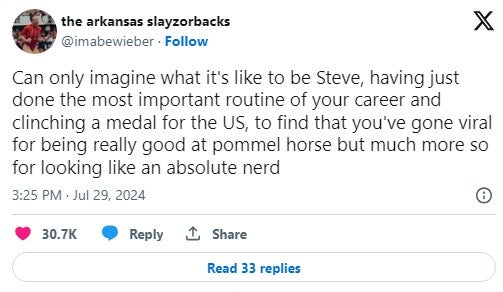 'Can only imagine what it's like to be Steve, having just done the most important routine of your career and clinching a medal for the US, to find that you've gone viral for being really good at pommel horse but much more so for looking like an absolute nerd' tweet