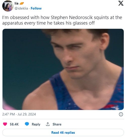 pommel guy tweet that reads 'I’m obsessed with how Stephen Nedoroscik squints at the apparatus every time he takes his glasses off'