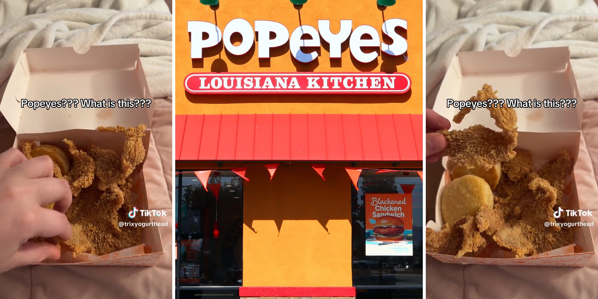hand grabbing fried chicken with caption 'Popeyes??? What is this???' (l&r) Popeye's Louisiana Kitchen store entrance (c)