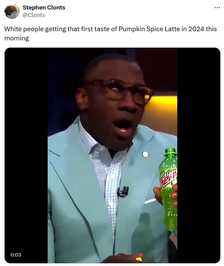 Pumpkin spice latte meme with a video of a man spazzing out after drinking Mountain Dew.