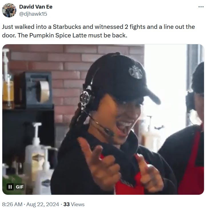 Pumpkin spice latte meme about people fighting in the Starbucks line.