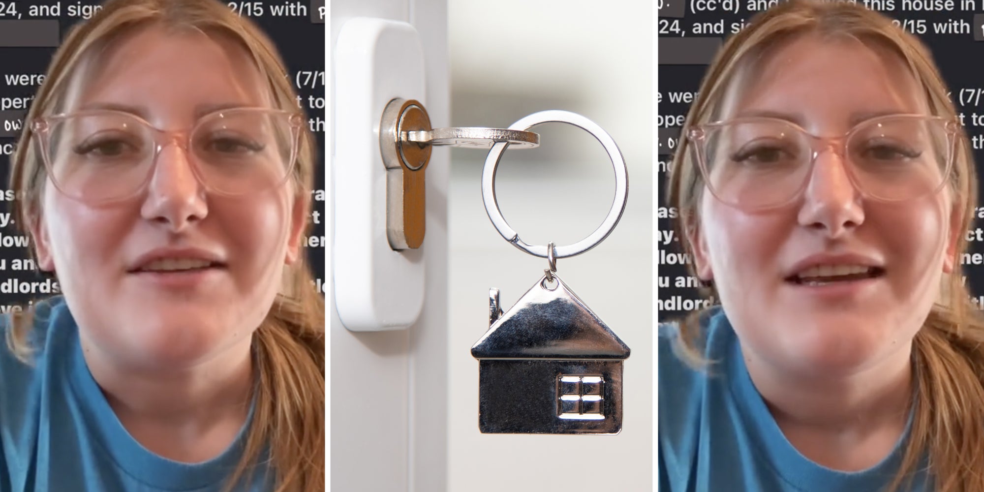 Woman talking(l+r), Key in door with house keychain(c)