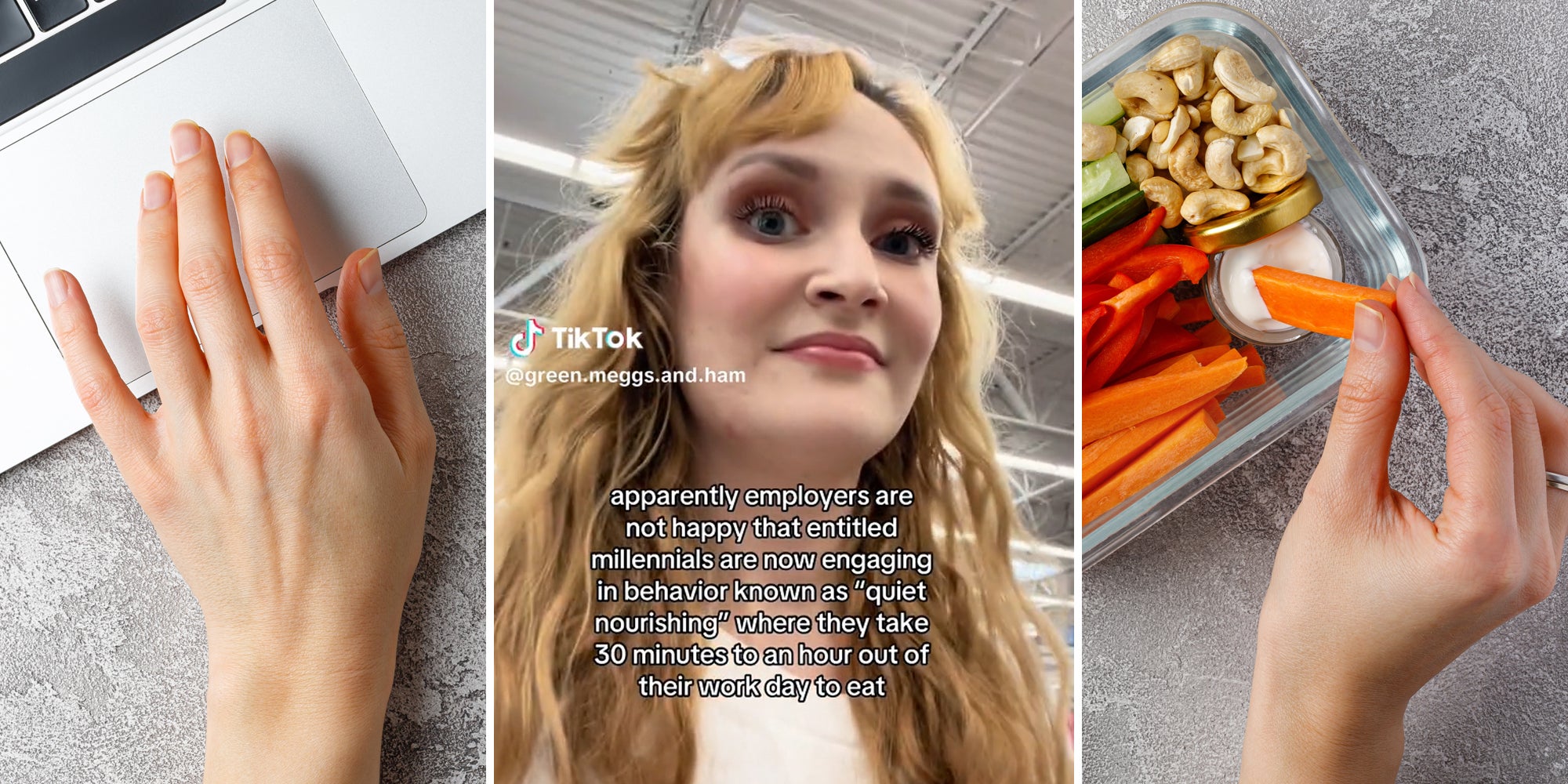 hand on laptop (l) woman with caption 'apparently employers are not happy that entitled millennials are now engaging in behavior known as 'quiet nourishing' where they take 30 minutes to an hour out of their work day to eat (c) hand dipping carrot in ranch (r)