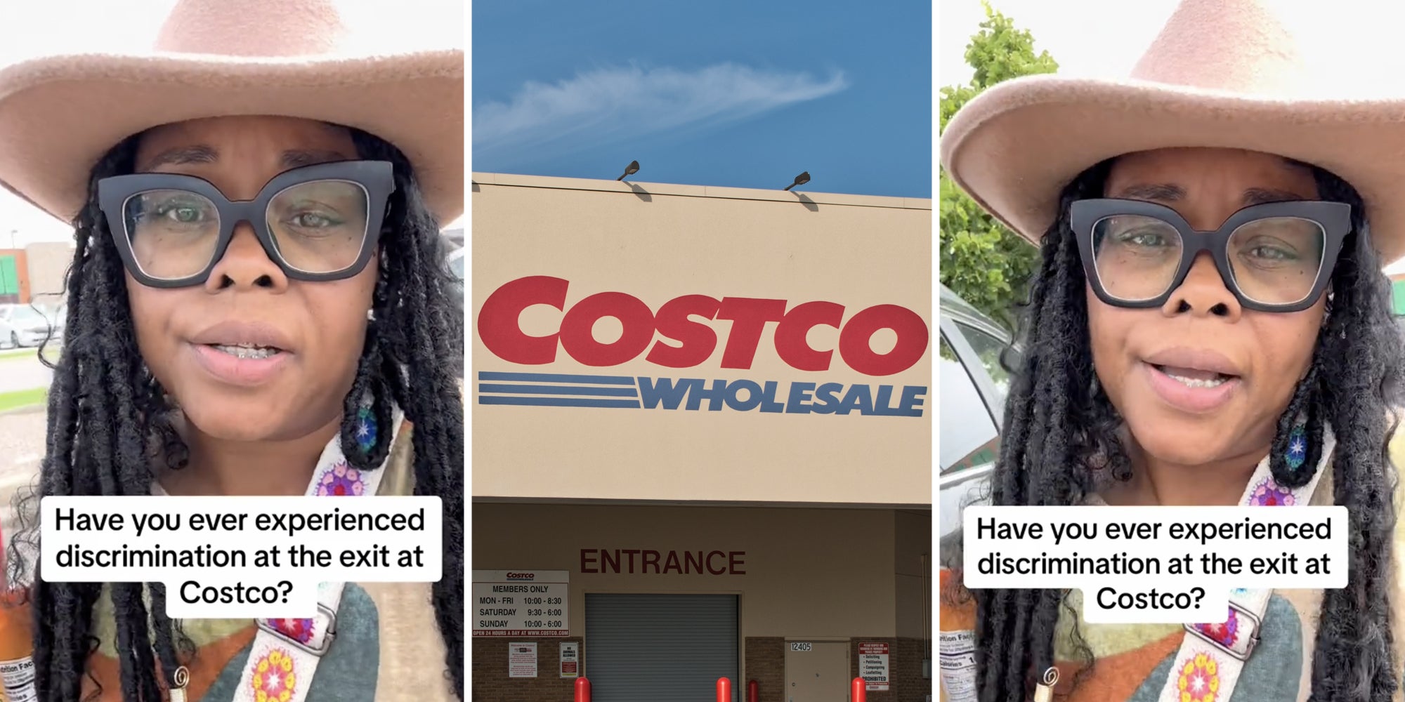 Woman talking with text that says "Have you ever experienced discrimination at the exit at Costco?"(L+r), Costco sign(c)