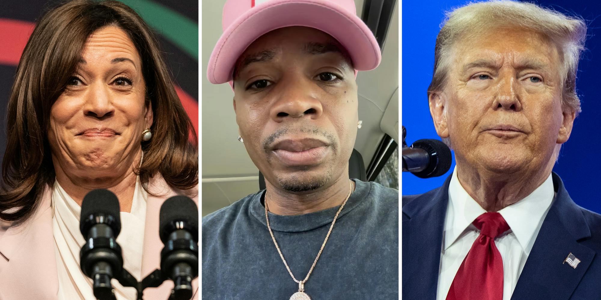 Kamala Harris(l), Rapper Plies(c), Donald Trump(r)