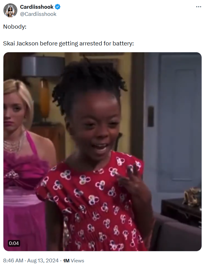 Skai Jackson arrest meme with a clip of the young actress in 'Jessie.'