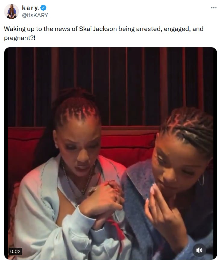 Skai Jackson arrest meme with two Black women looking down at a screen and reacting.