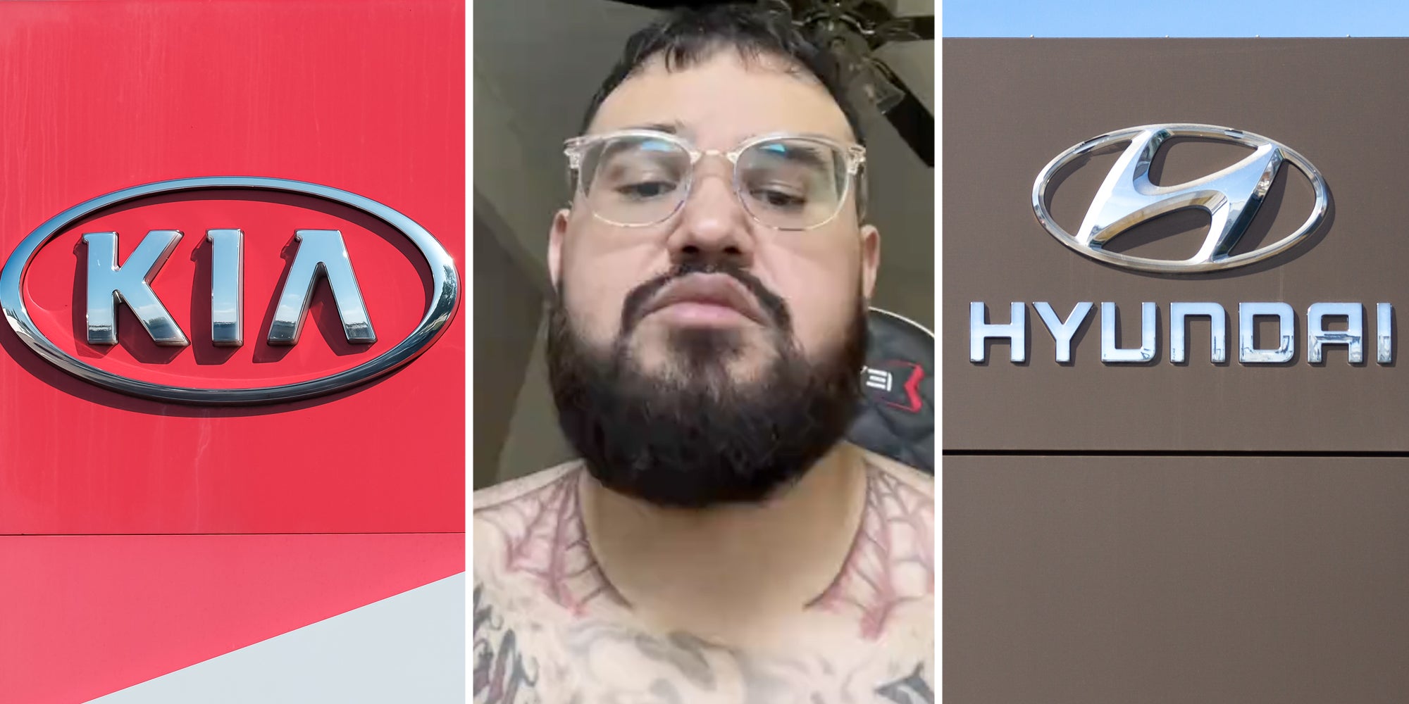 Kia logo(l), Man talking(c), Hyundai logo(r)