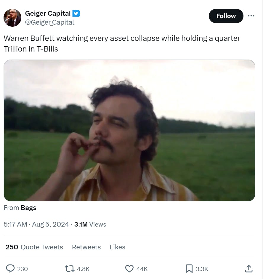 Tweet saying, “Warren Buffett watching every asset collapse while holding a quarter Trillion in T-Bills” along with a movie clip of a man smoking in a field.