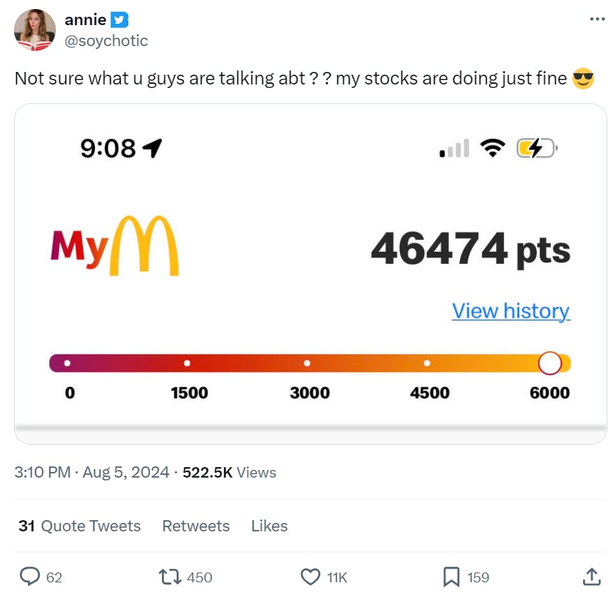 Screenshot of a McDonalds app, showing they have nearly maxed out their points, and wrote, “Not sure what u guys are talking abt ? ? my stocks are doing just fine (sunglasses emoji)”