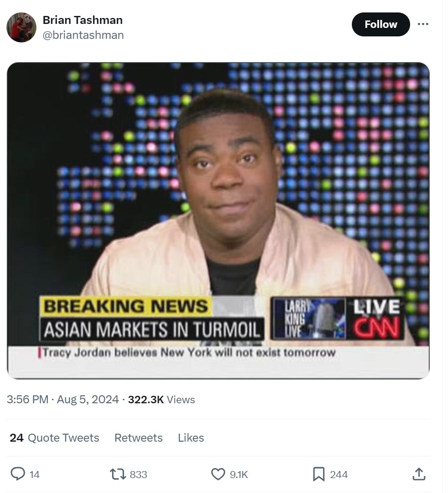 Screenshot of an old Tracy Jordan meme. 'Breaking News: Asian Markets in Turmoil' in the lower thirds.