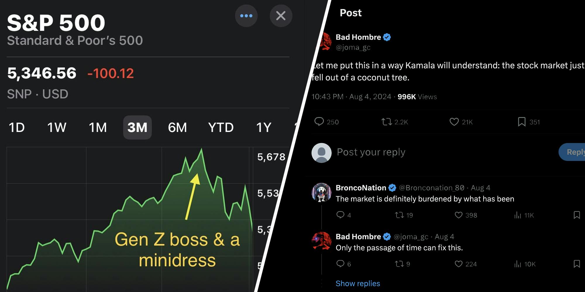 Stock Market meme(L), Tweets about stock market crash and Kamala and the coconut tree(r)