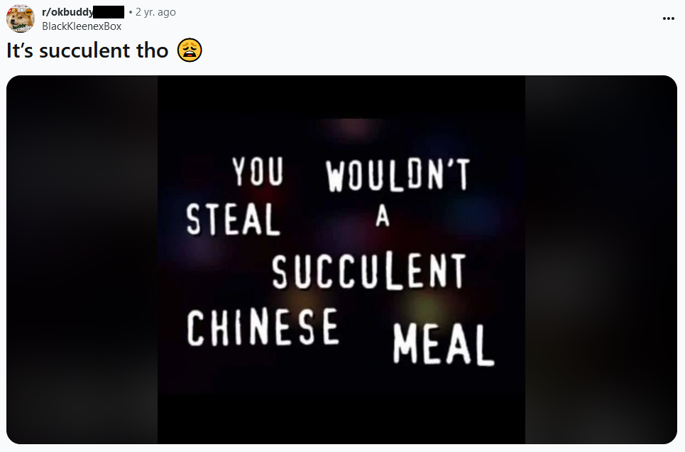 Succulent Chinese meal meme reading 'You wouldn't steal a succulent Chinese meal.'