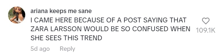 TikTok comment that reads, 'I CAME HERE BECAUSE OF A POST SAYING THAT ZARA LARSSON WOULD BE SO CONFUSED WHEN SHE SEES THIS TREND.'