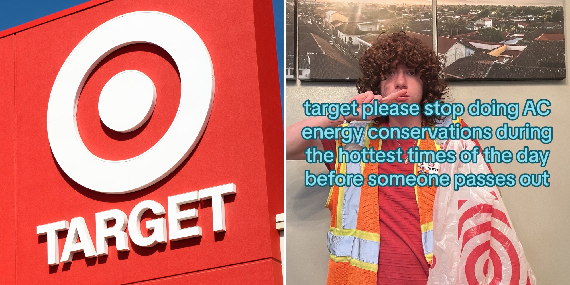 Target store (l) person with finger up and caption 'target please stop doing AC energy conservations during the hottest times of the day before someone passes out' (r)
