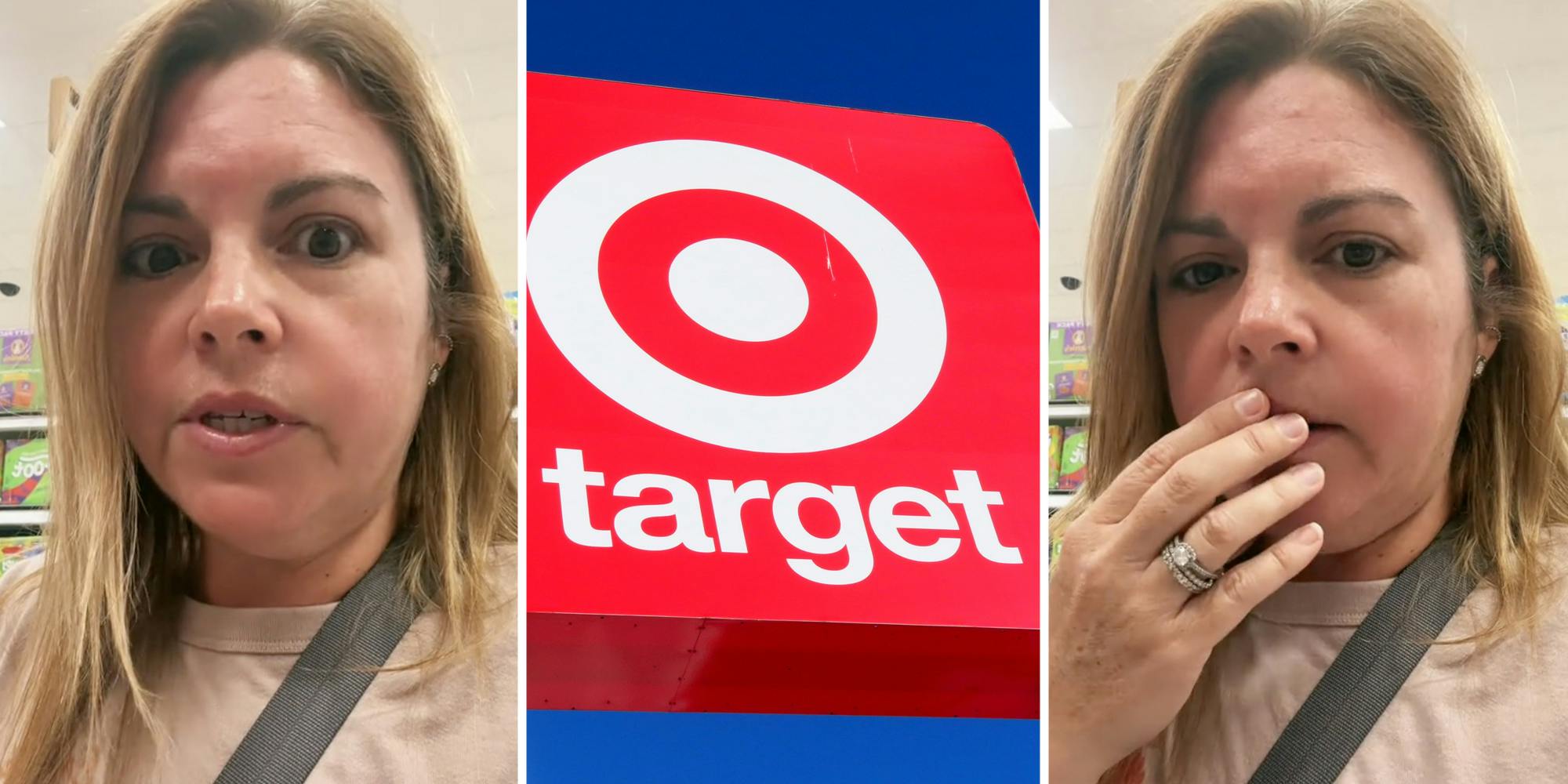 Woman looking shocked(l+r), Target sign(c)