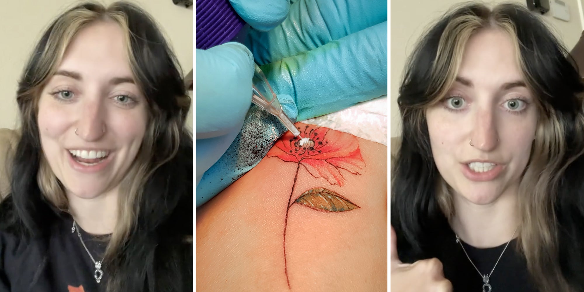 Woman talking(l+r), Someone drawing a tattoo(c)