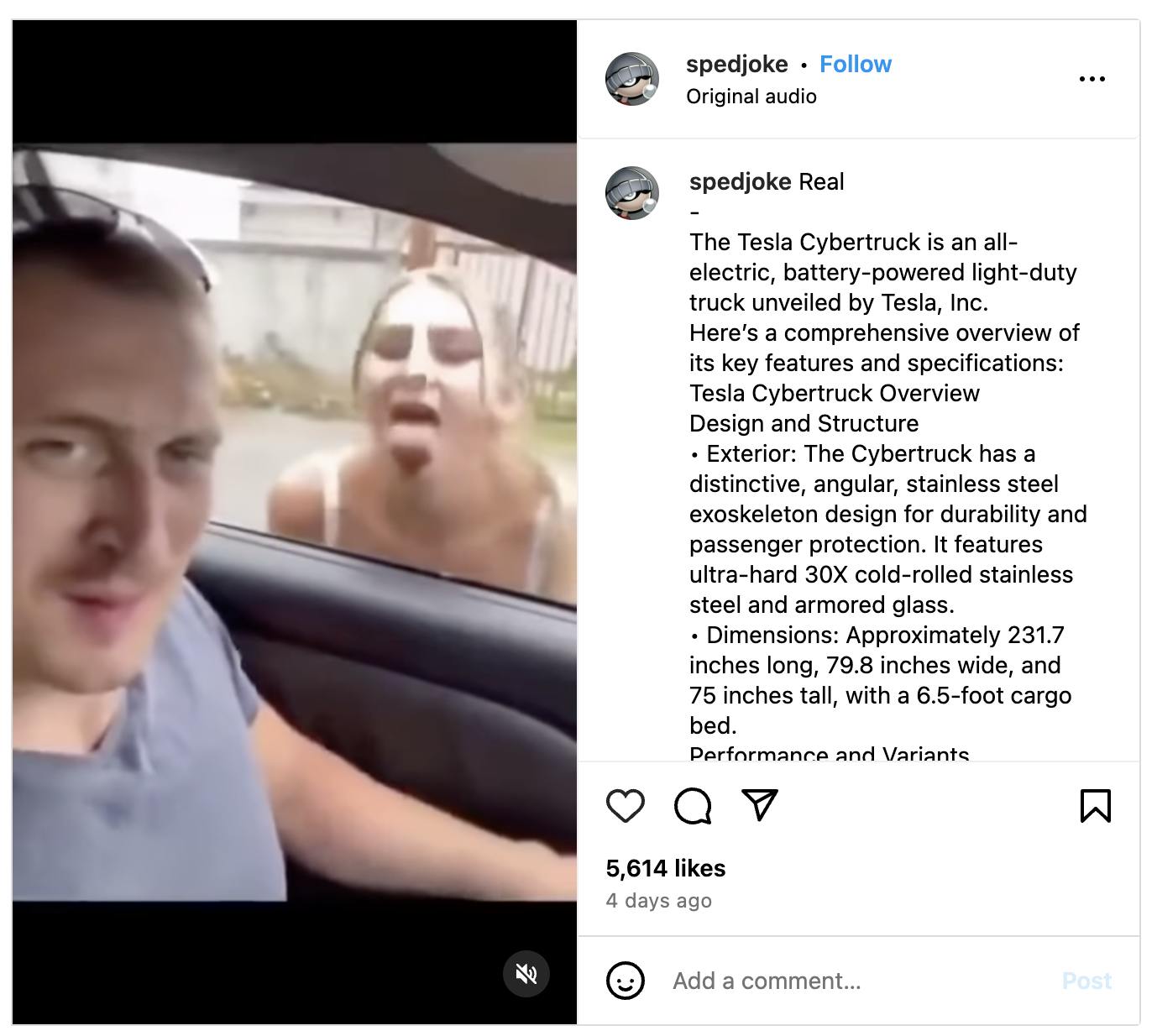 The Tesla Cybertruck Is an All-Electric Battery-Powered Light-Duty Truck Unveiled by Tesla, Inc. copypasta caption on a video of a woman licking a man's car window.