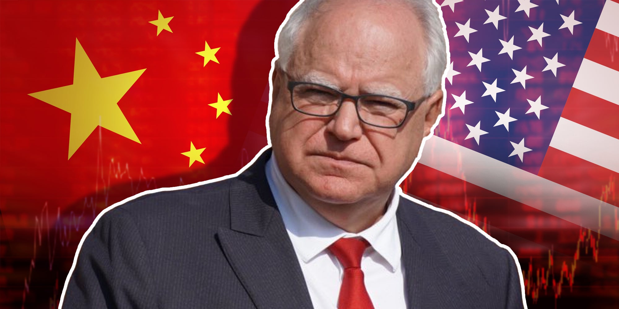 Tim Walz over Chinese and American flags