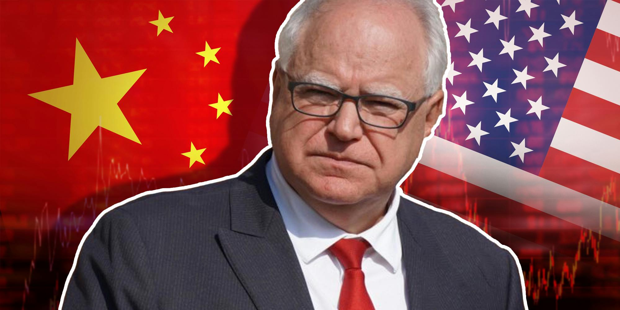 Tim Walz over Chinese and American flags