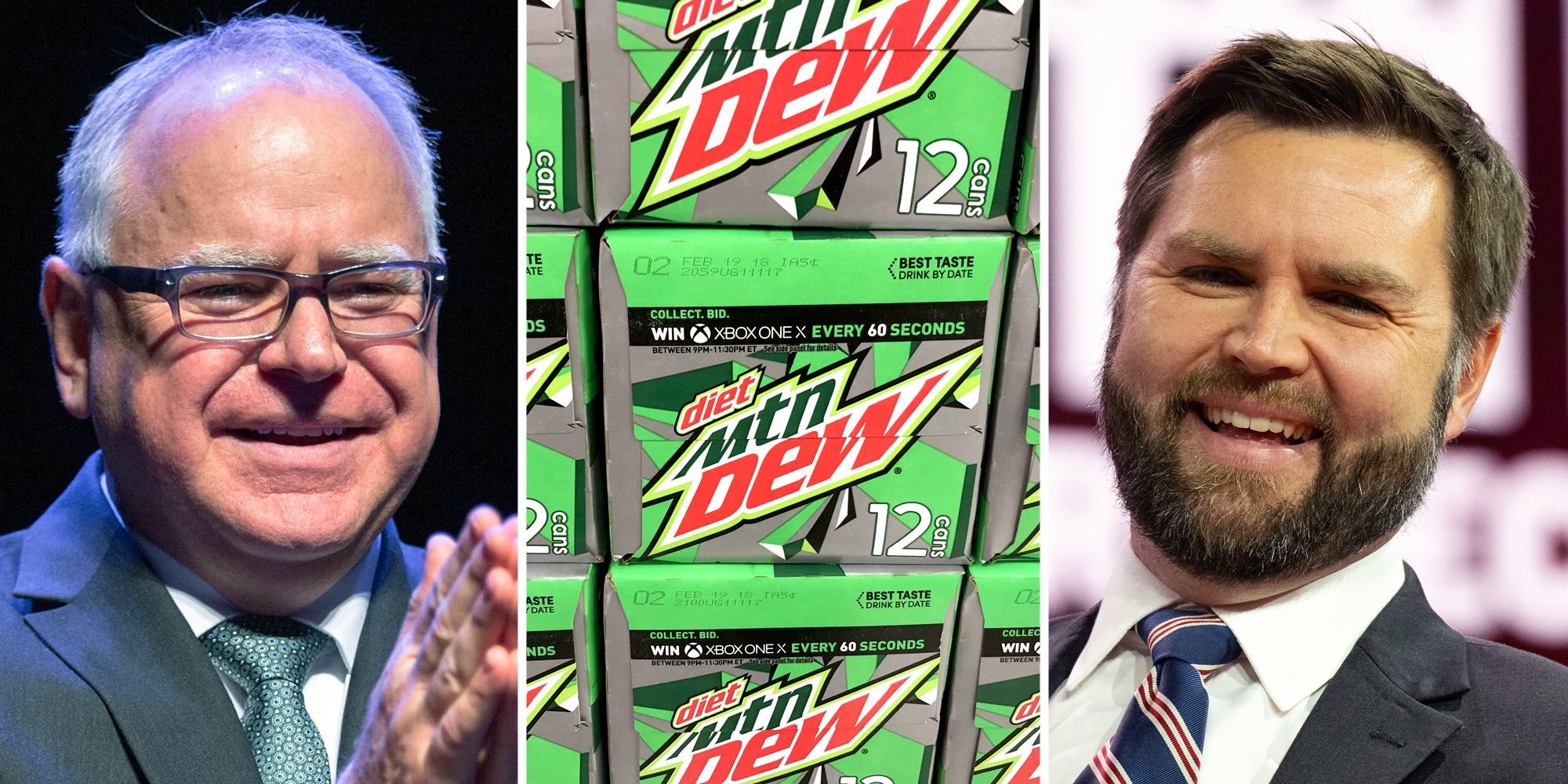 Tim Walz(l), Mountain Dew(c), JD Vance(r)