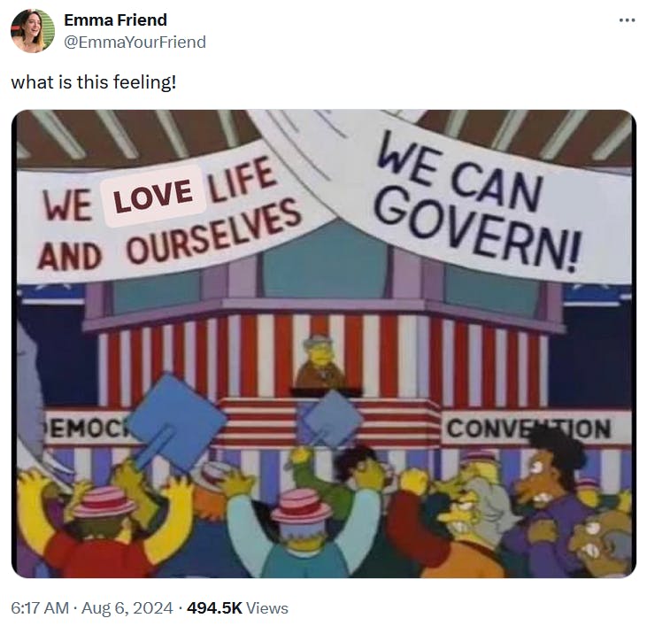 Tim Walz meme mixed with the Simpsons Democrats meme altered to read 'We love life and ourselves' and 'we can govern.'