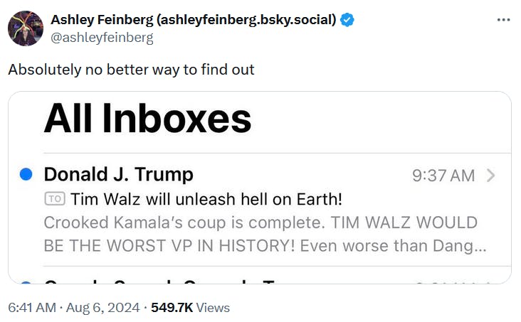 Tim Walz meme with a screenshot of a Trump email about him in someone's inbox.