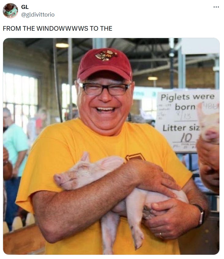 Tim Walz meme with a photo of him smiling with a piglet in his arms.