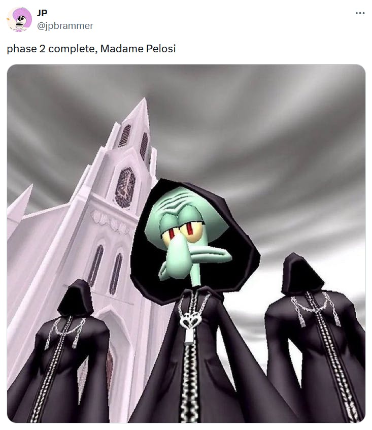 Tim Walz Nancy Pelosi meme with Squidward in Kingdom Hearts robes.