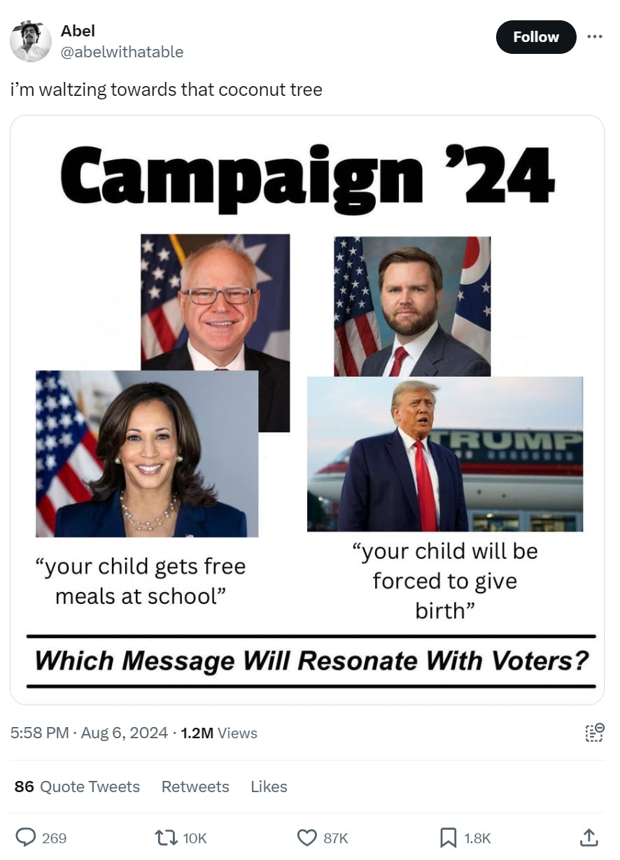 Tweet of a faux campaign poster with text that reads, 'i'm waltzing towards that coconut tree.' The poster image has photos of Kamala Harris and Tim Walz on one side with the quote, 'your child gets free meals at school' and Donald Trump and J.D. Vance on the other side with the quote, 'your child will be forced to give birth' and the question, 'Which message will resonate with voters?'