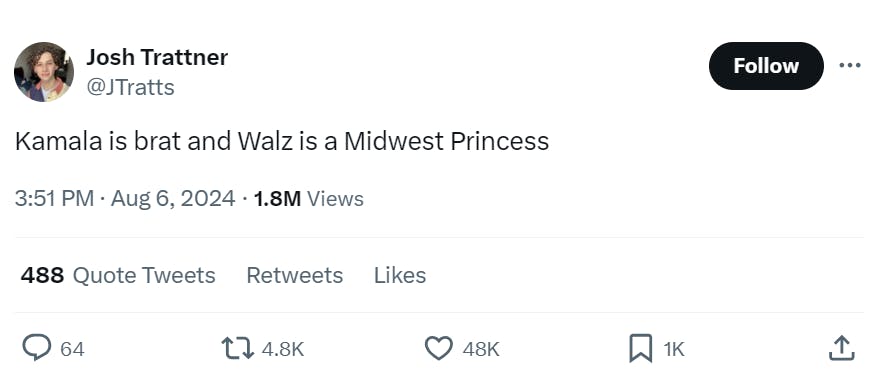 Tweet meme that reads, 'Kamala is brat and Walz is a Midwest Princess'