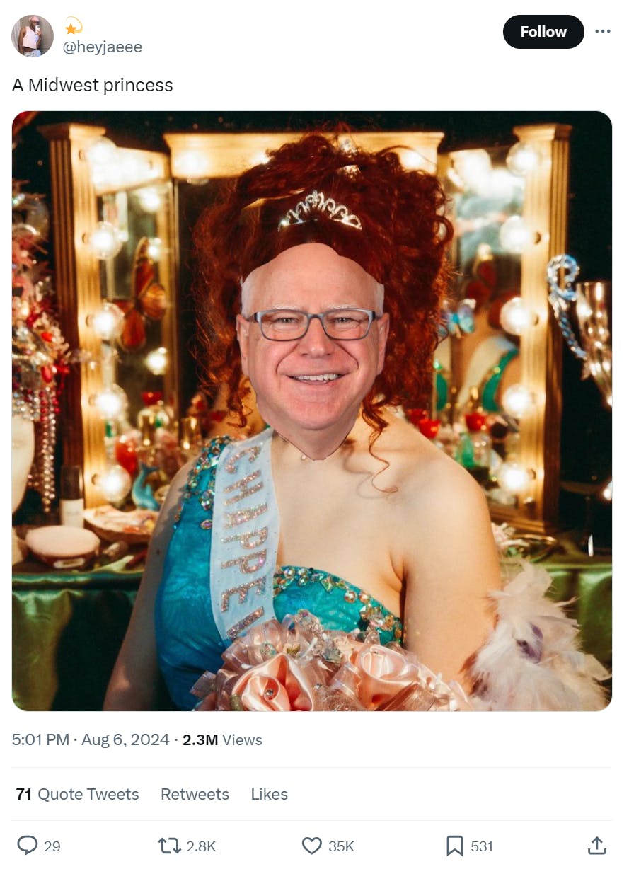 Photo of Chappell Roan in a beauty pageant style outfit, Tim Walz's face pasted over hers. Text reads, 'A Midwest princess.'