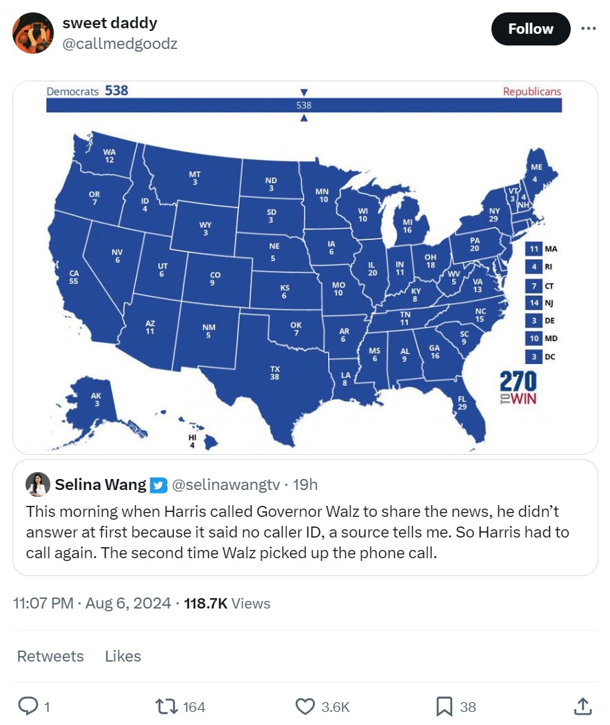 Quote retweet with a photo of the electoral college map, showing every state as blue. The quoted tweet reads, 'This morning when Harris called Governor Walz to share the news, he didn’t answer at first because it said no caller ID, a source tells me. So Harris had to call again. The second time Walz picked up the phone call.'