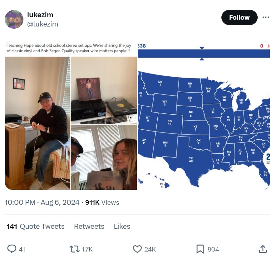 Tweet with two photos, the first a screenshot of a tweet from Tim Walz and his daughter Hope with vinyl records. Text from that tweet reads, 'Teaching Hope about old school stereo set ups. We're sharing the joy of classic vinyl and Bob Seger. Quality speaker wire matters people!!!' The second photo is of the electoral college map, showing every state as blue.