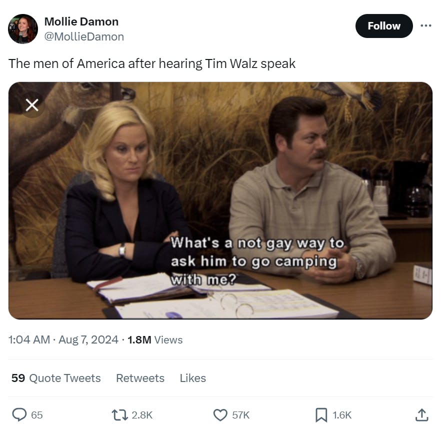 Tweet reads, 'The men of America after hearing TIm Walz speak.' Parks & Rec meme of Ron Swanson and Leslie Knope sitting at a table. Ron is saying, 'What's a not gay way ask him to go camping with me?'