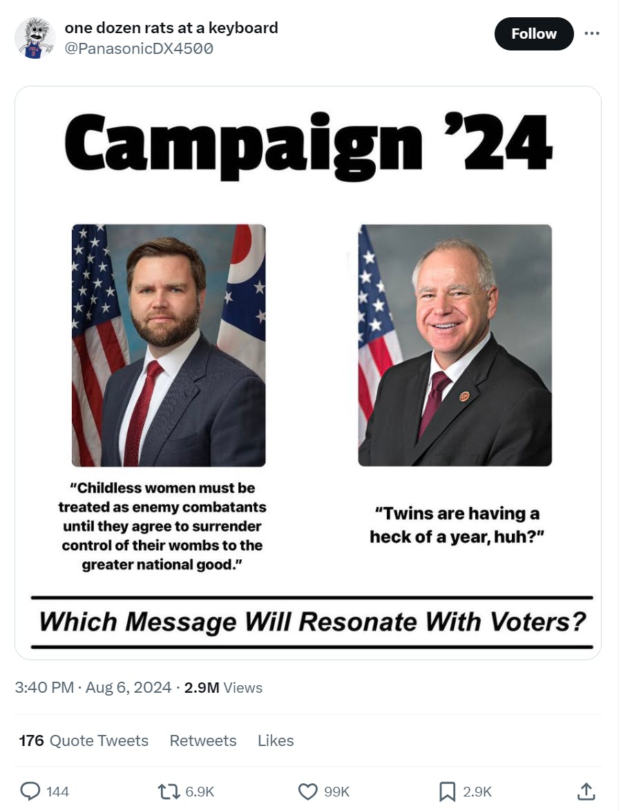 Poster-style graphic with photos of J.D. Vance and Tim Walz. Text reads, 'Campaign '24. J.D. Vance: 'Childless women must be treated as enemy combatants until they agree to surrender control of their wombs to the greater national good.' Tim Walz: 'Twins are having a heck of a year, huh?' Which message will resonate with voters?'